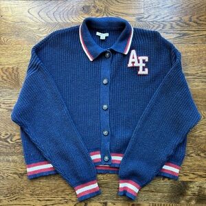 American Eagle Blue Knit Varsity Cardigan with Red and White Accents